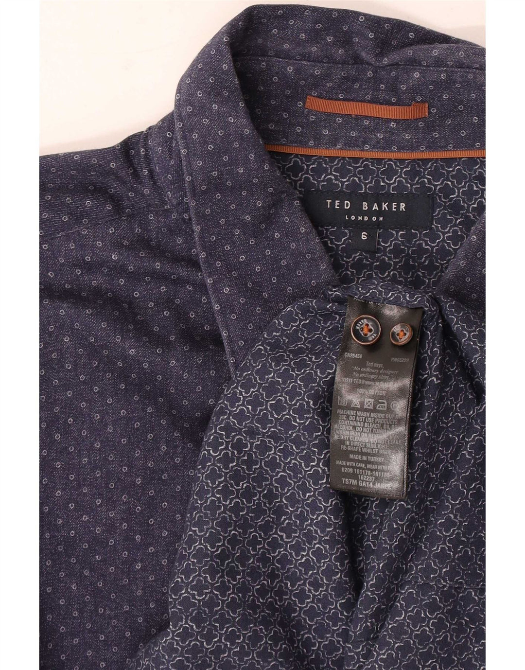 Camisa masculina Ted Baker tamanho 6 2XL algodão manchado azul marinho