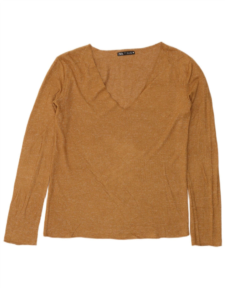 Top feminino Zara de manga comprida UK 10 pequeno bege manchado