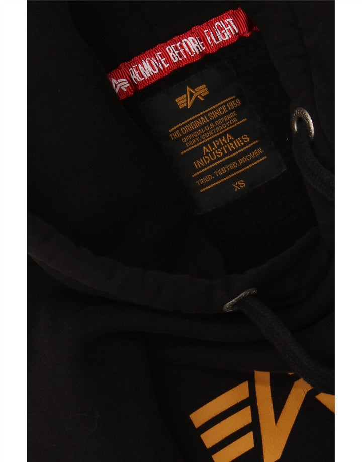 ALPHA INDUSTRIES Mens Graphic Hoodie Jumper XS Black Cotton Vintage Alpha Industries and Second-Hand Alpha Industries from Messina Hembry 