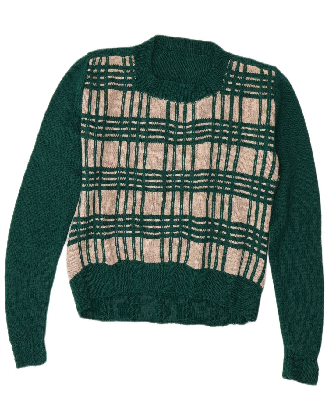 Suéter feminino VINTAGE com gola redonda UK 14 xadrez verde médio