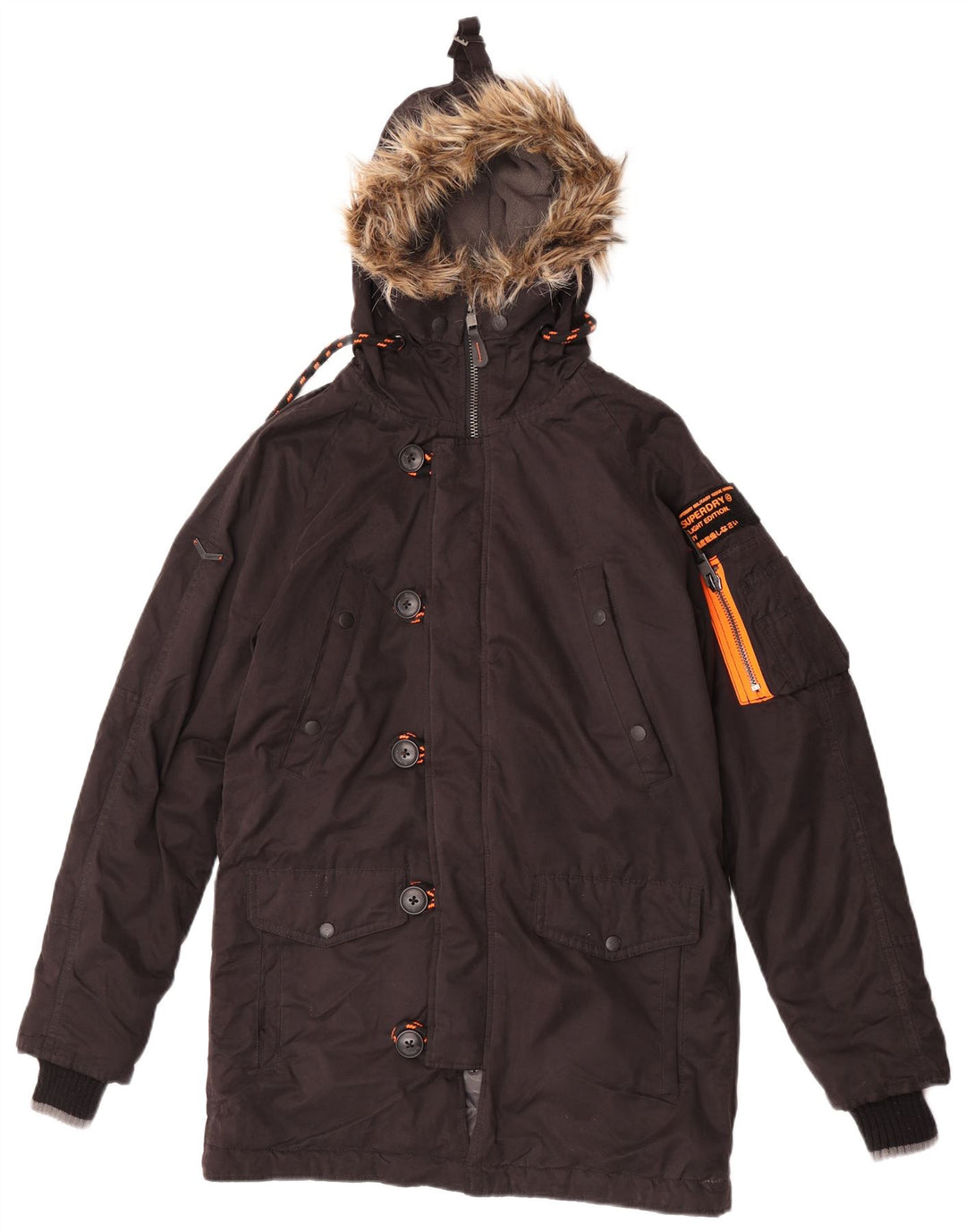 Jaqueta Parka masculina Superdry com capuz UK 36 poliéster marrom pequeno