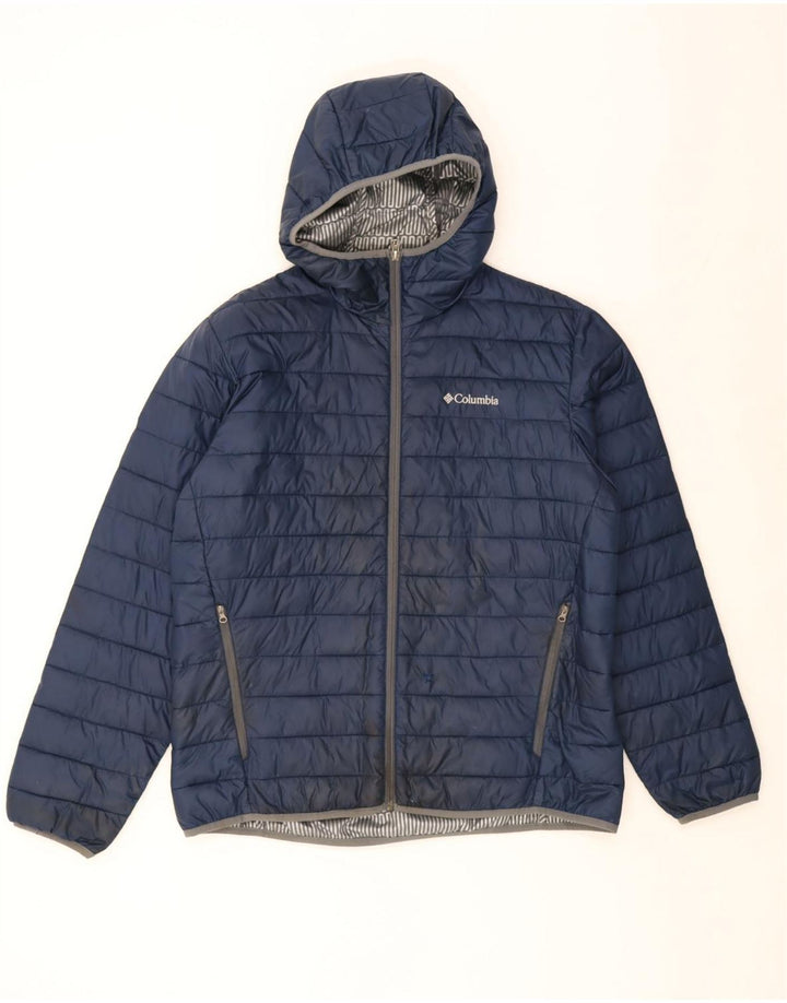Columbia Jaqueta masculina acolchoada com capuz UK 40 grande azul nylon