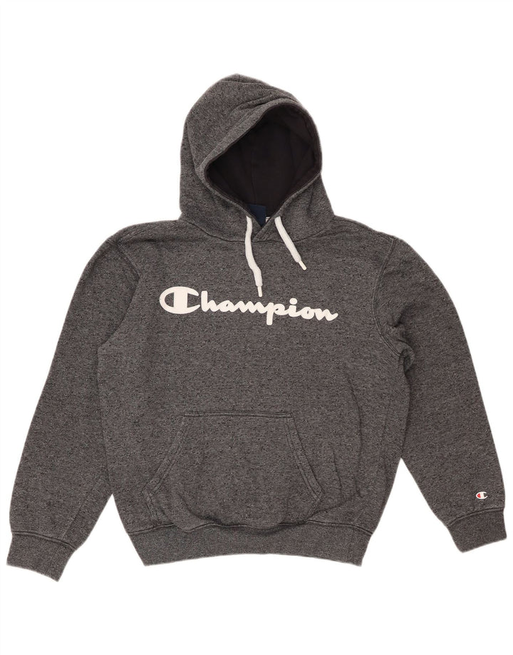 CHAMPION Suéter feminino com capuz gráfico grande tamanho UK 10 pequeno cinza manchado