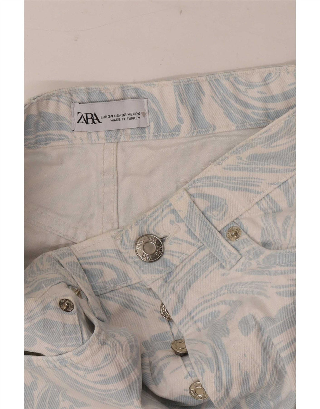 Zara Shorts jeans feminino com padrão abstrato UE 34 2XS W24 azul