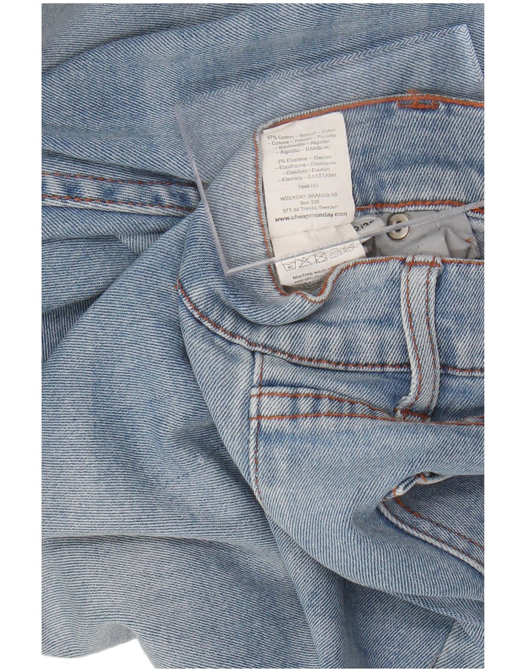 CHEAP MONDAY Calça jeans slim masculina desgastada W32 L28 algodão azul