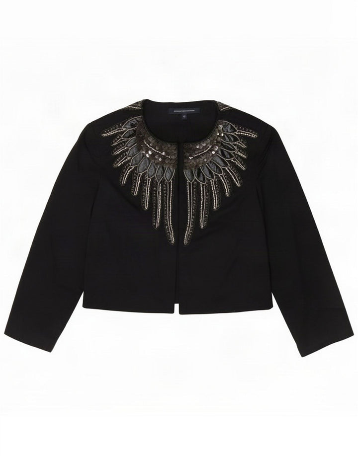 Jaqueta Bolero feminina com padrão abstrato de conexão francesa Reino Unido 12 preto médio