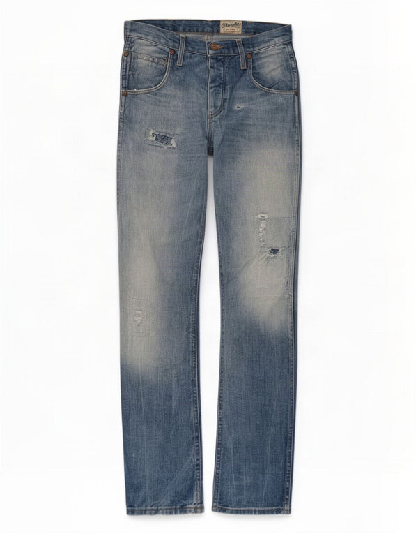 Wrangler Calça jeans reta masculina desgastada W31 L34 algodão azul