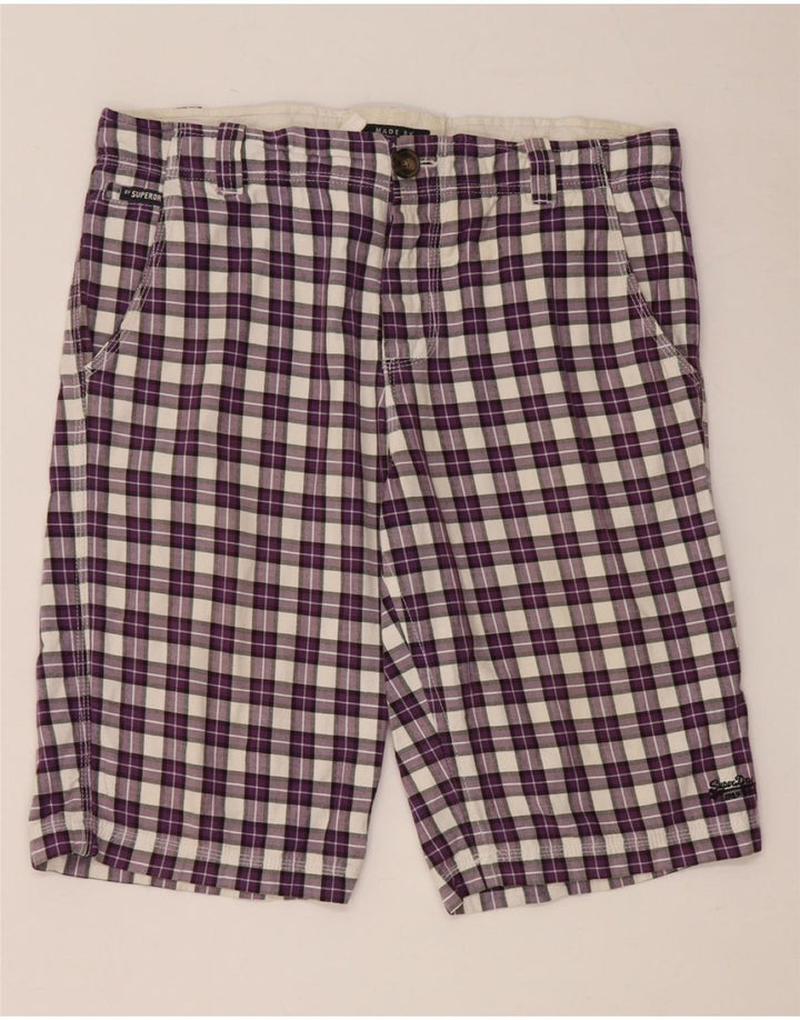 Shorts chino masculino SUPERDRY grande W36 algodão xadrez roxo