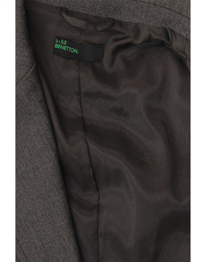 Jaqueta blazer feminina de 2 botões Benetton Reino Unido 10 pequena espinha de peixe cinza