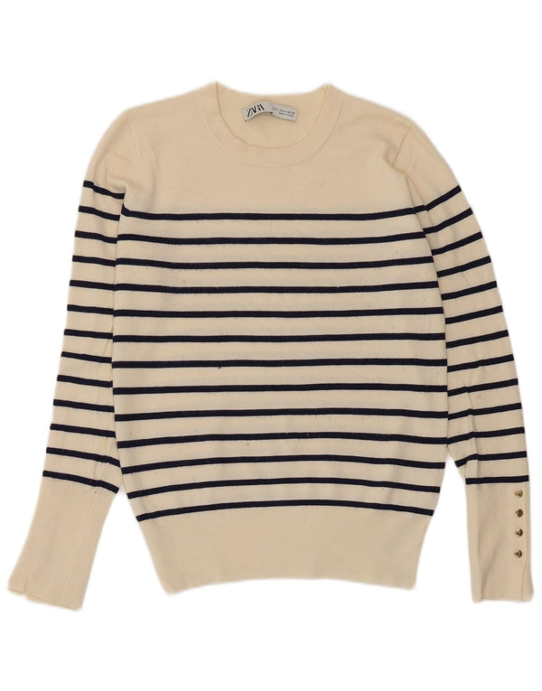 Suéter feminino Zara com gola redonda e viscose listrada branca pequena UK 10