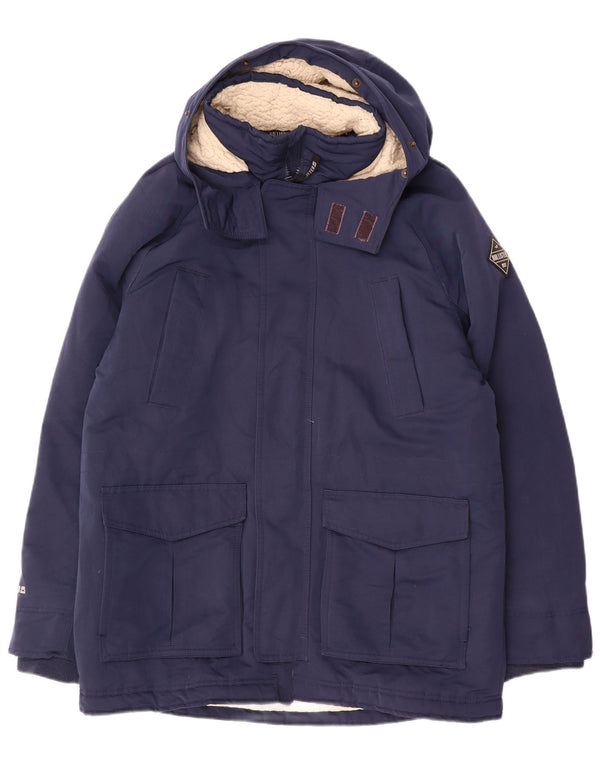 Jaqueta corta-vento masculina Sherpa com capuz Hollister UK 40 poliéster azul grande