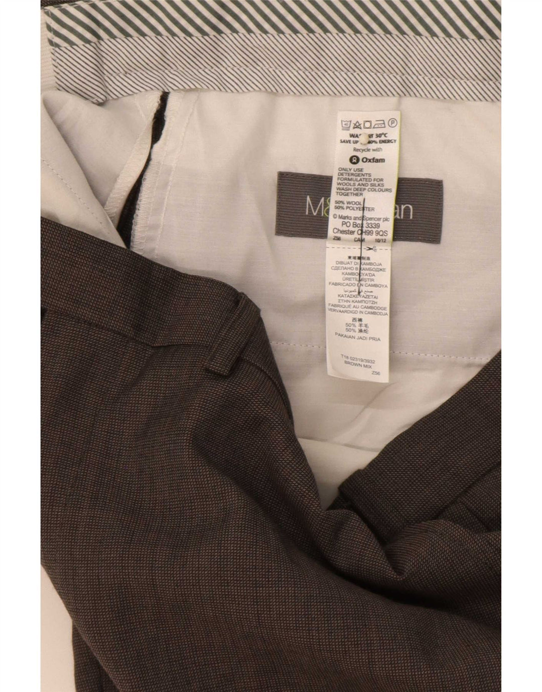 Calça masculina de terno reto Marks & Spencer W36 L31 lã marrom