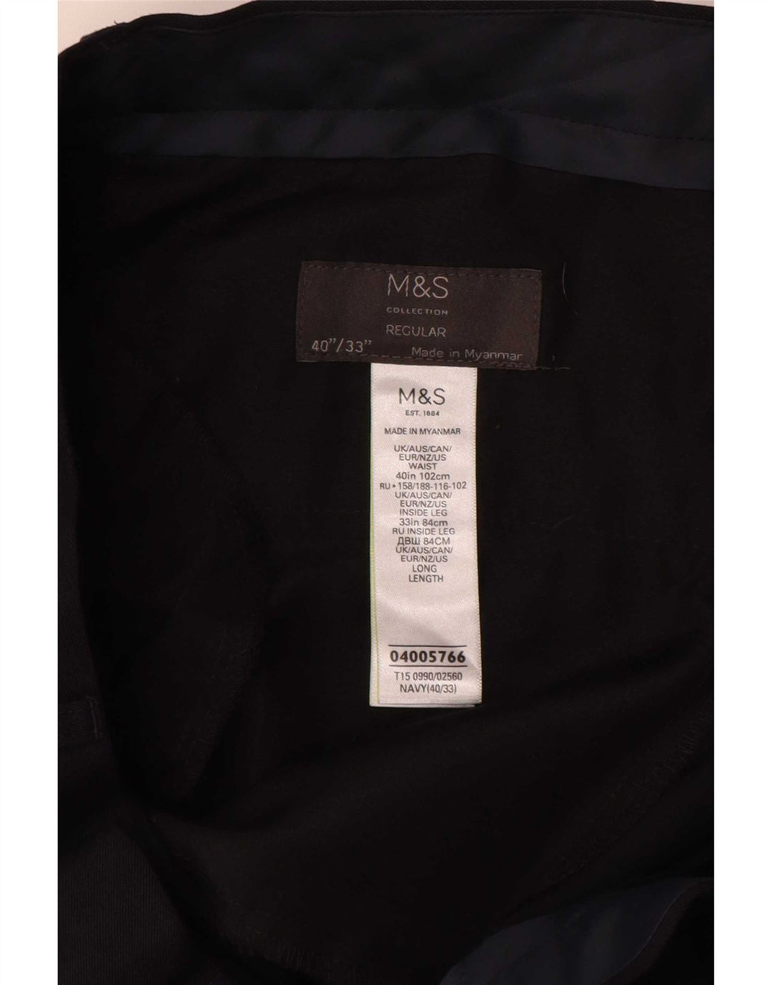 Calça masculina de terno regular Marks & Spencer W40 L33 poliéster azul marinho