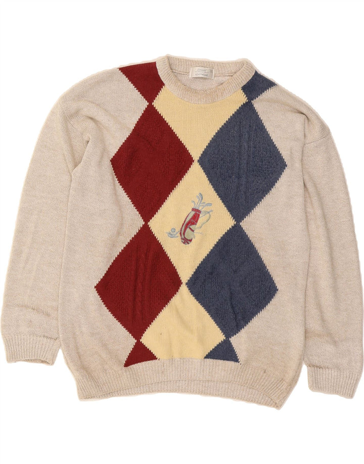 ST. BERNARD Mens Crew Neck Jumper Sweater Medium Beige Argyle/Diamond Vintage St. Bernard and Second-Hand St. Bernard from Messina Hembry 