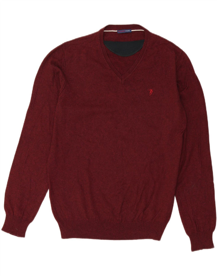 TRUSSARDI JEANS Mens V-Neck Jumper Sweater Large Burgundy Wool Vintage Trussardi Jeans and Second-Hand Trussardi Jeans from Messina Hembry 