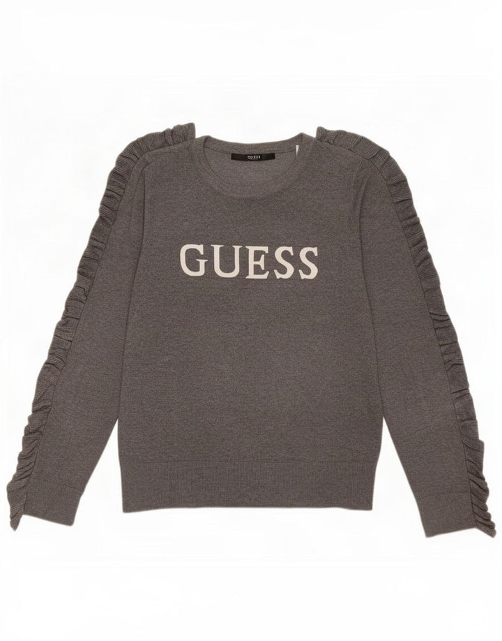Suéter feminino Guess com gola redonda e estampa gráfica UK 14 cinza médio