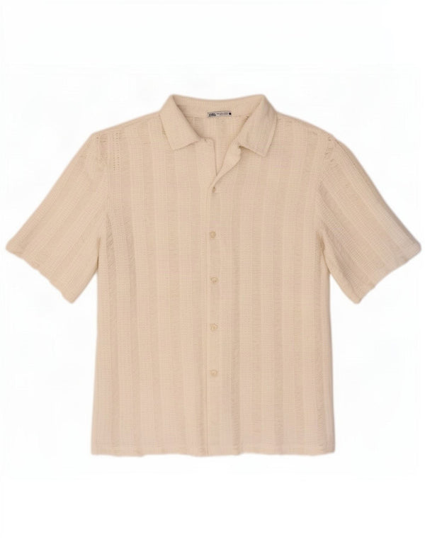Zara Camisa masculina de malha de manga curta grande poliéster listrado branco
