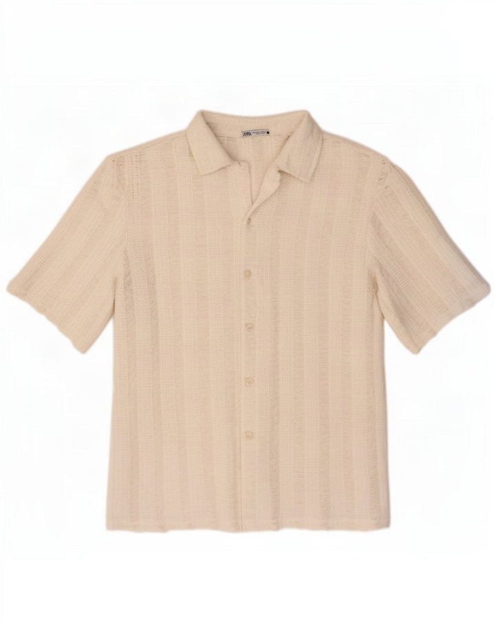 Zara Camisa masculina de malha de manga curta grande poliéster listrado branco