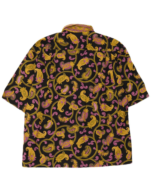 Camisa masculina vintage de manga curta, algodão Paisley preto médio