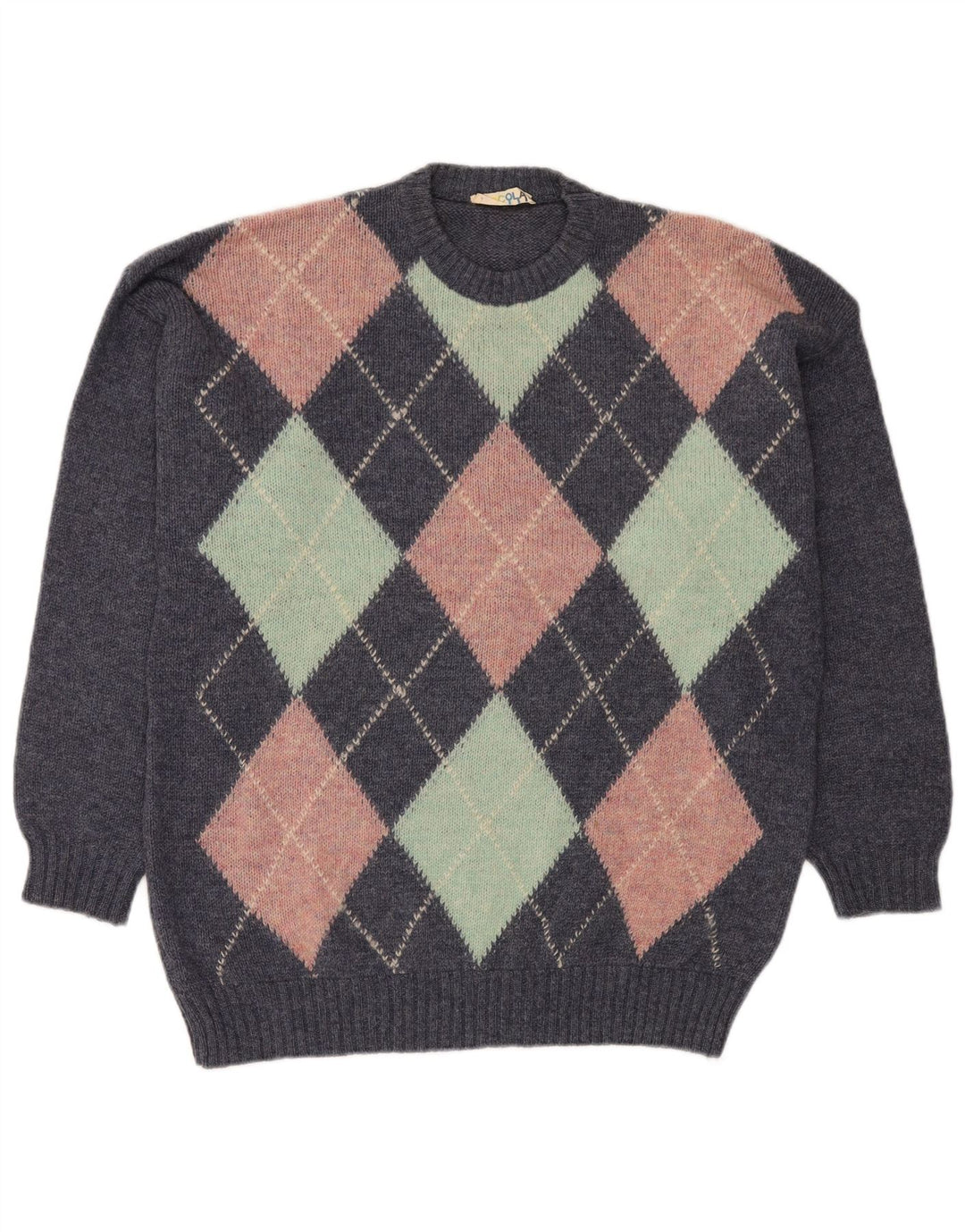 Suéter masculino VINTAGE com gola redonda grande azul Argyle/Diamante