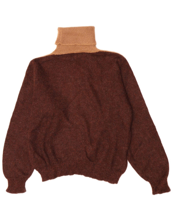 Suéter feminino vintage com gola redonda Reino Unido 16 grande bloco colorido marrom