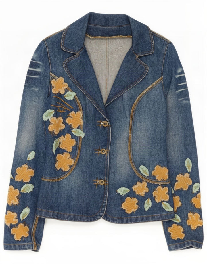 Jaqueta jeans feminina vintage UE 38 algodão floral azul médio