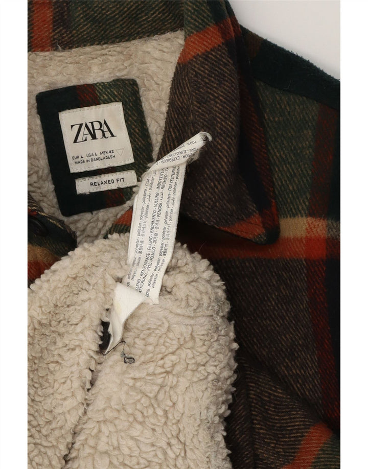 Camisa masculina ZARA de flanela de lenhador com ajuste relaxado, poliéster xadrez verde grande