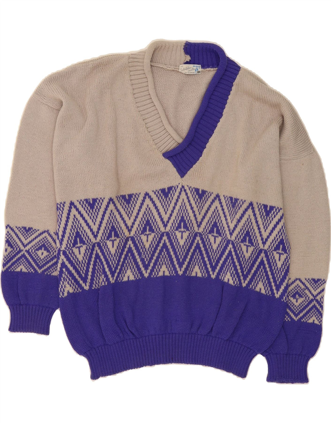 VINTAGE Womens V-Neck Jumper Sweater UK 18 XL Off White Chevron Wool Vintage Vintage and Second-Hand Vintage from Messina Hembry 