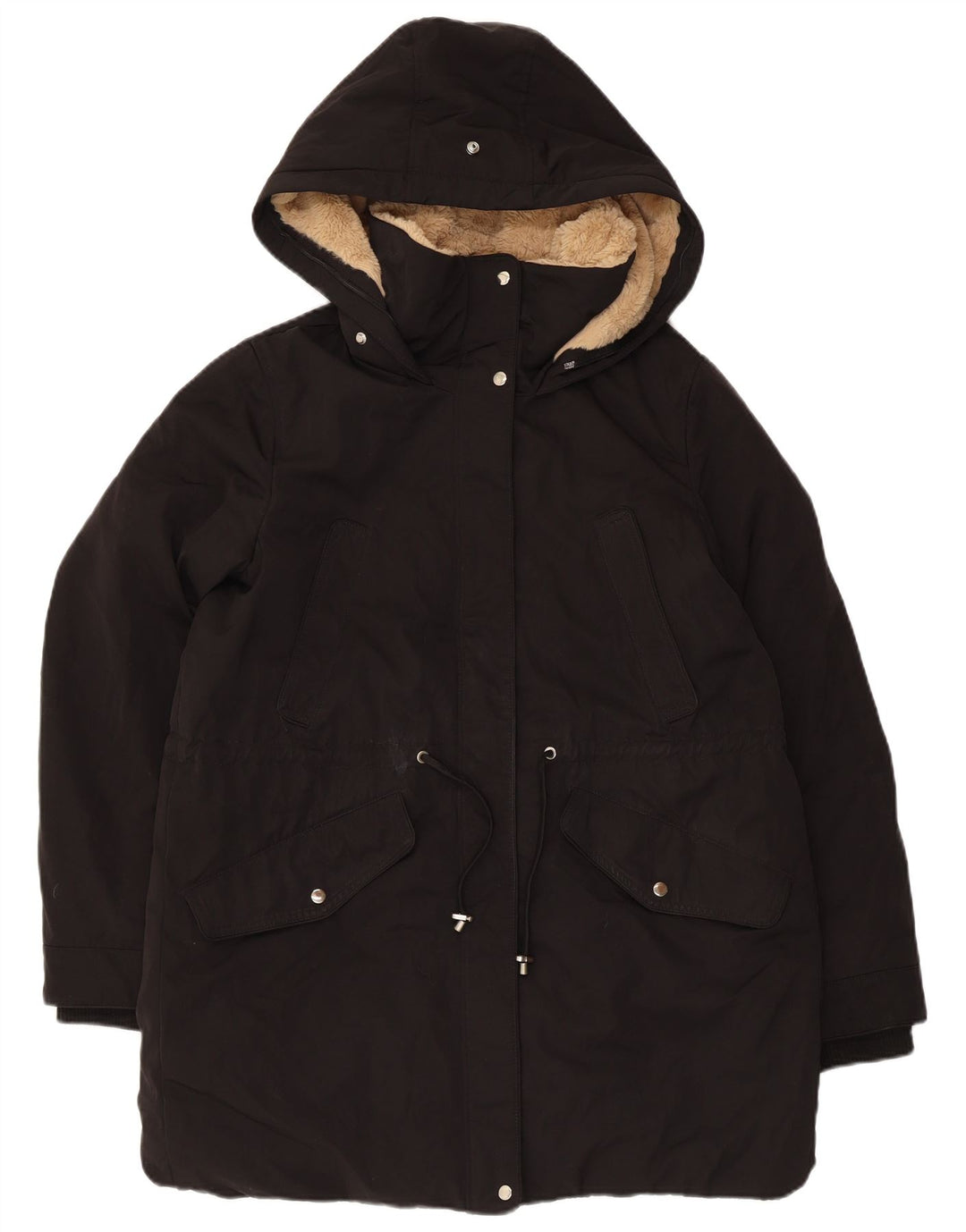 Jaqueta parka feminina com capuz Zara UK 14 poliéster preto médio