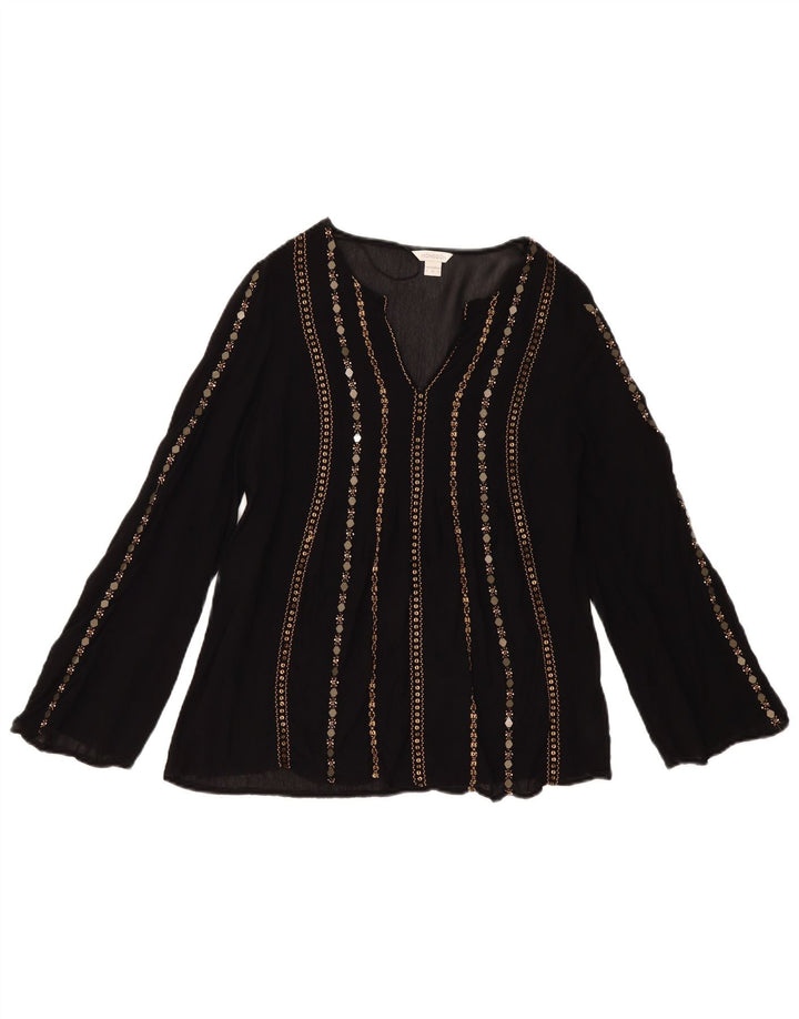 Blusa feminina de manga comprida MONSOON UK 8 pequena viscose preta