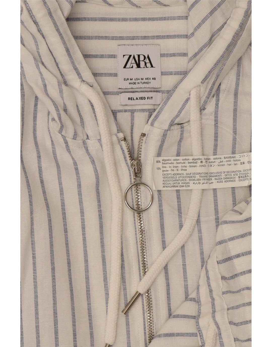 Pulôver masculino Zara com capuz e ajuste relaxado de algodão listrado azul médio