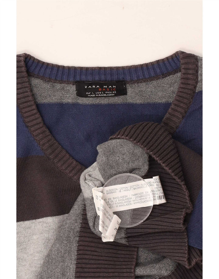 Suéter masculino Zara com decote em V, grande algodão listrado multicolorido