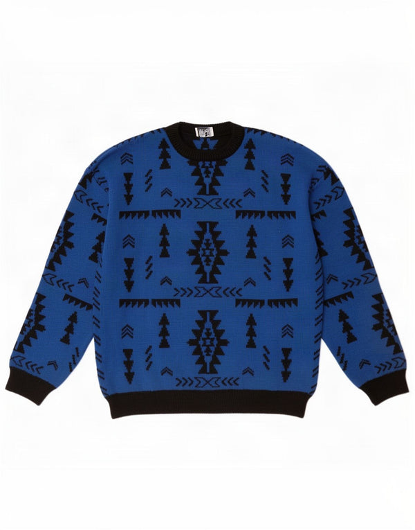 Suéter vintage masculino com gola redonda XL de lã geométrica azul