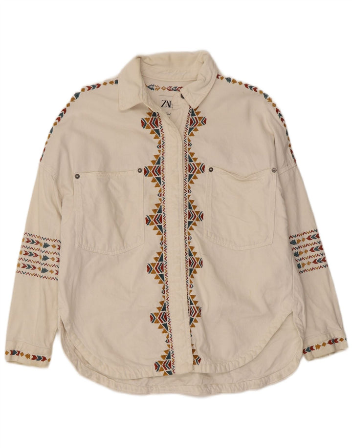 Camisa oversized feminina Zara Reino Unido 10 pequeno algodão geométrico branco