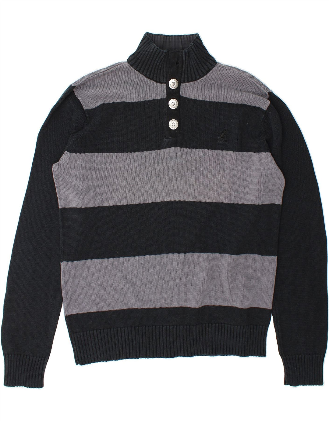 KANGOL Mens Button Neck Jumper Sweater Large Black Striped Cotton Vintage Kangol and Second-Hand Kangol from Messina Hembry 