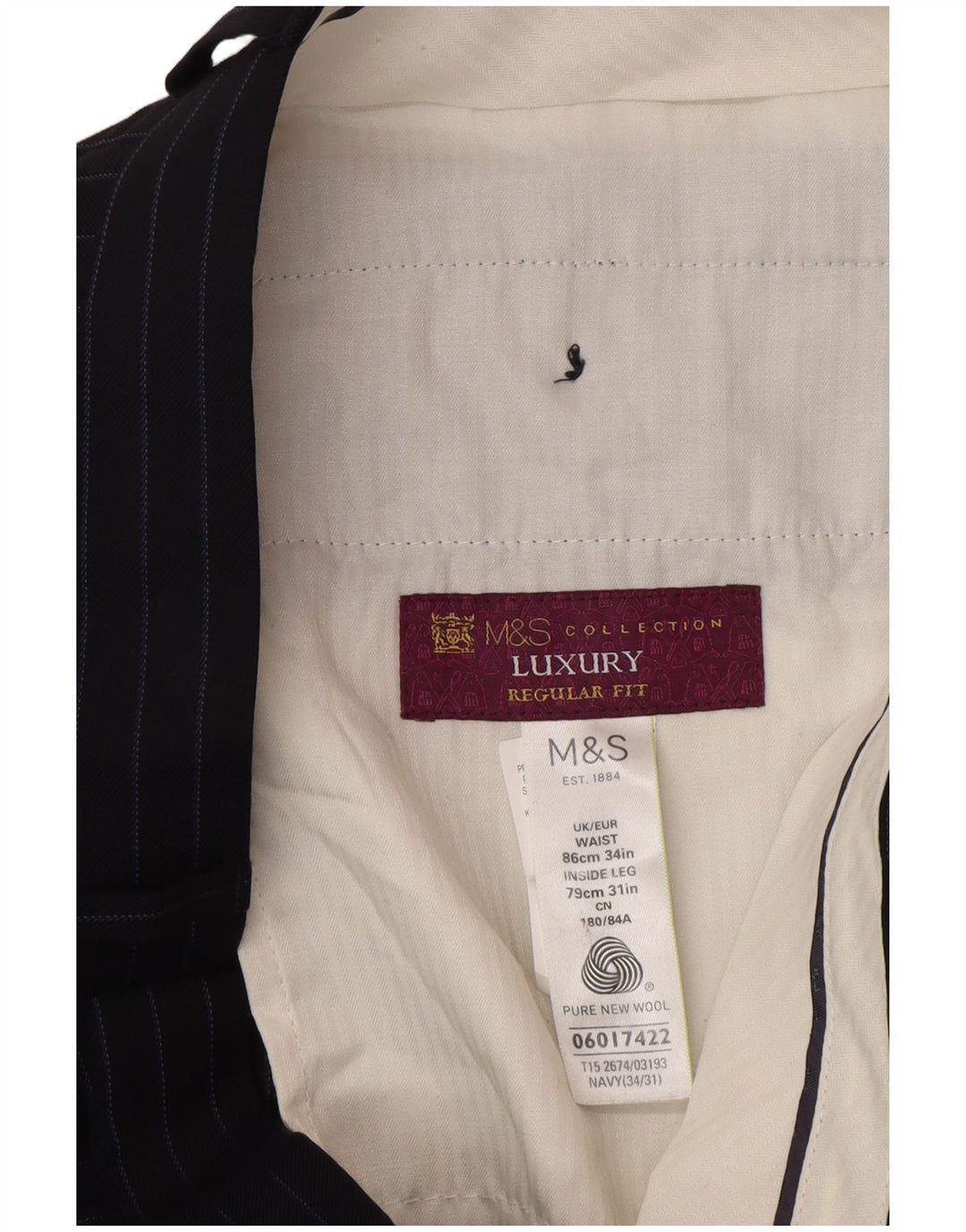 Calça masculina de ajuste regular Marks & Spencer W34 L31 listrada azul marinho