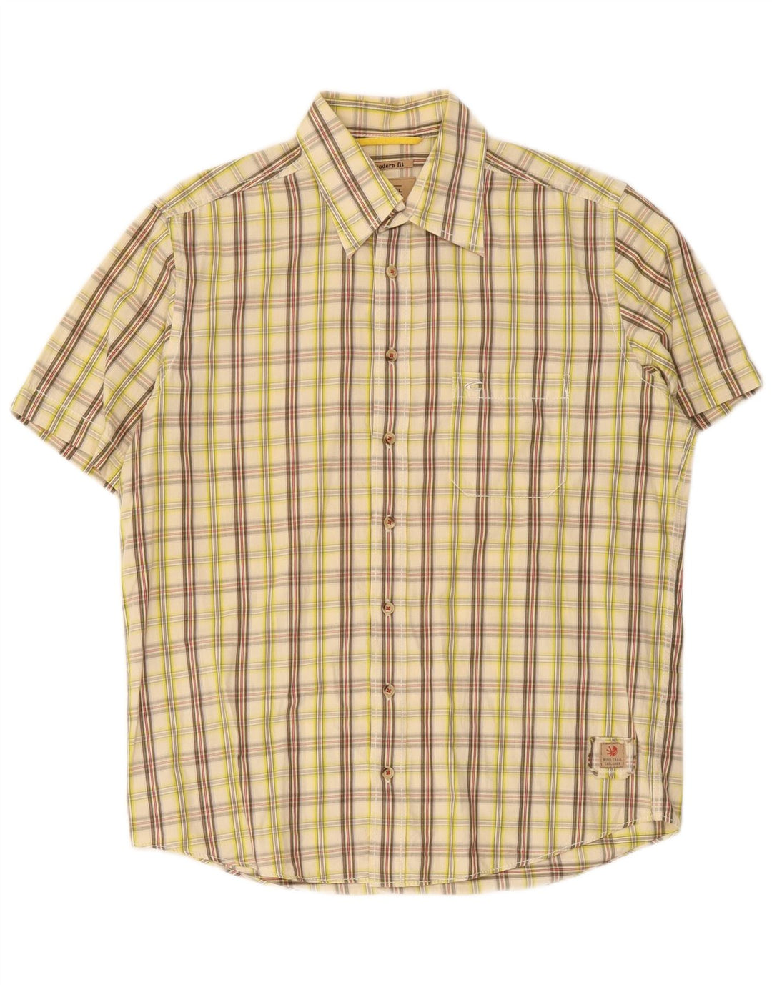 Camisa masculina Camel Active de manga curta com ajuste moderno, algodão xadrez bege médio