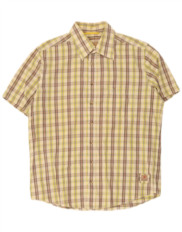 Camisa masculina Camel Active de manga curta com ajuste moderno, algodão xadrez bege médio