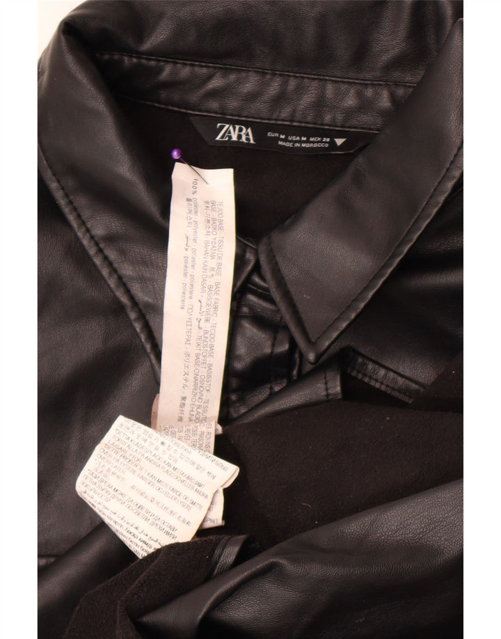 Camisa feminina de couro sintético Zara Reino Unido 14 poliéster preto médio