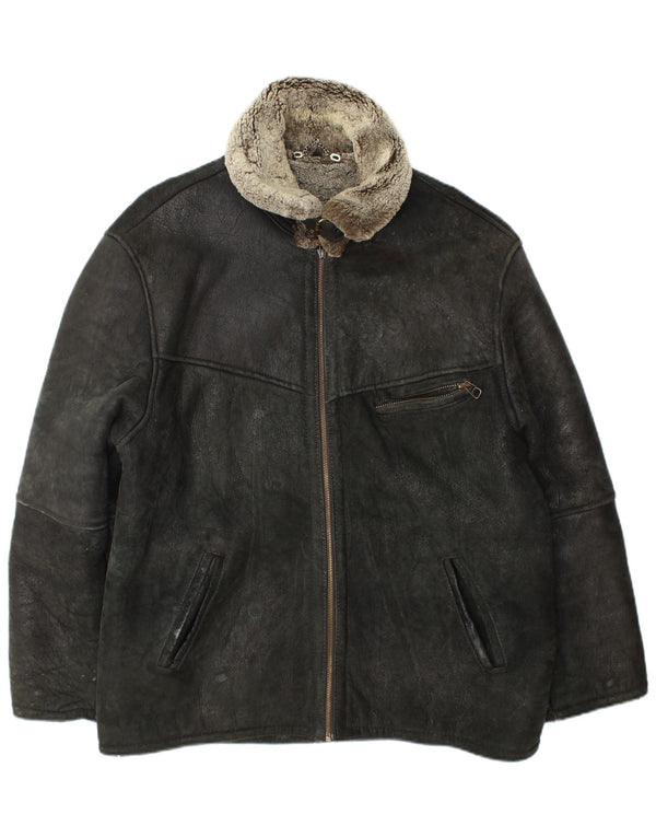 Jaqueta masculina vintage Shearling UK 42 XL couro preto