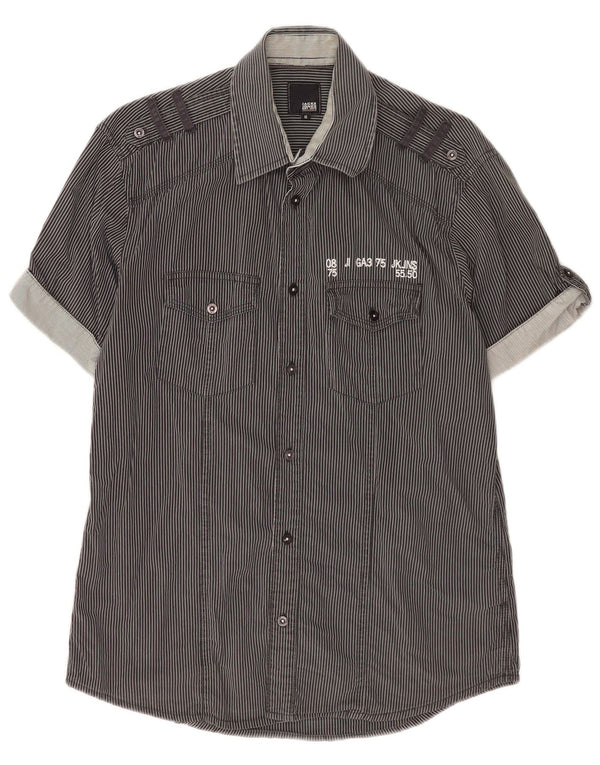 Camisa militar masculina de manga curta Jack & Jones de algodão listrado preto médio