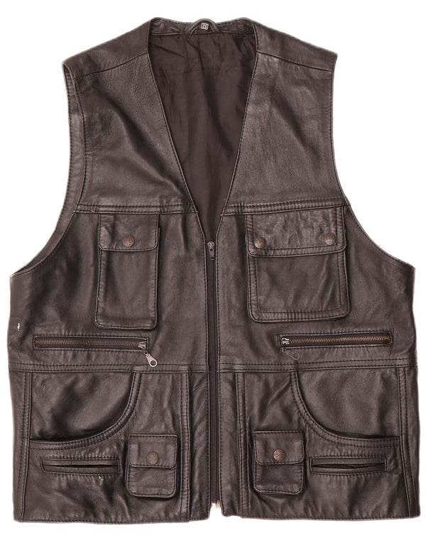 Colete utilitário de couro masculino vintage EU 52 XL preto