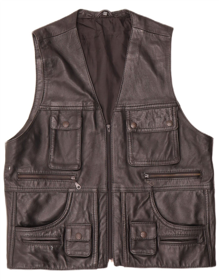 Colete utilitário de couro masculino vintage EU 52 XL preto