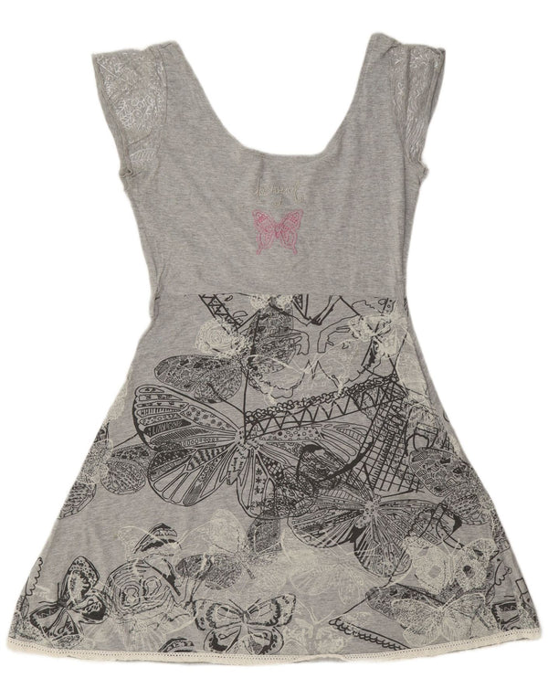 Vestido feminino Desigual com estampa A-Line Reino Unido 14 grande algodão floral cinza