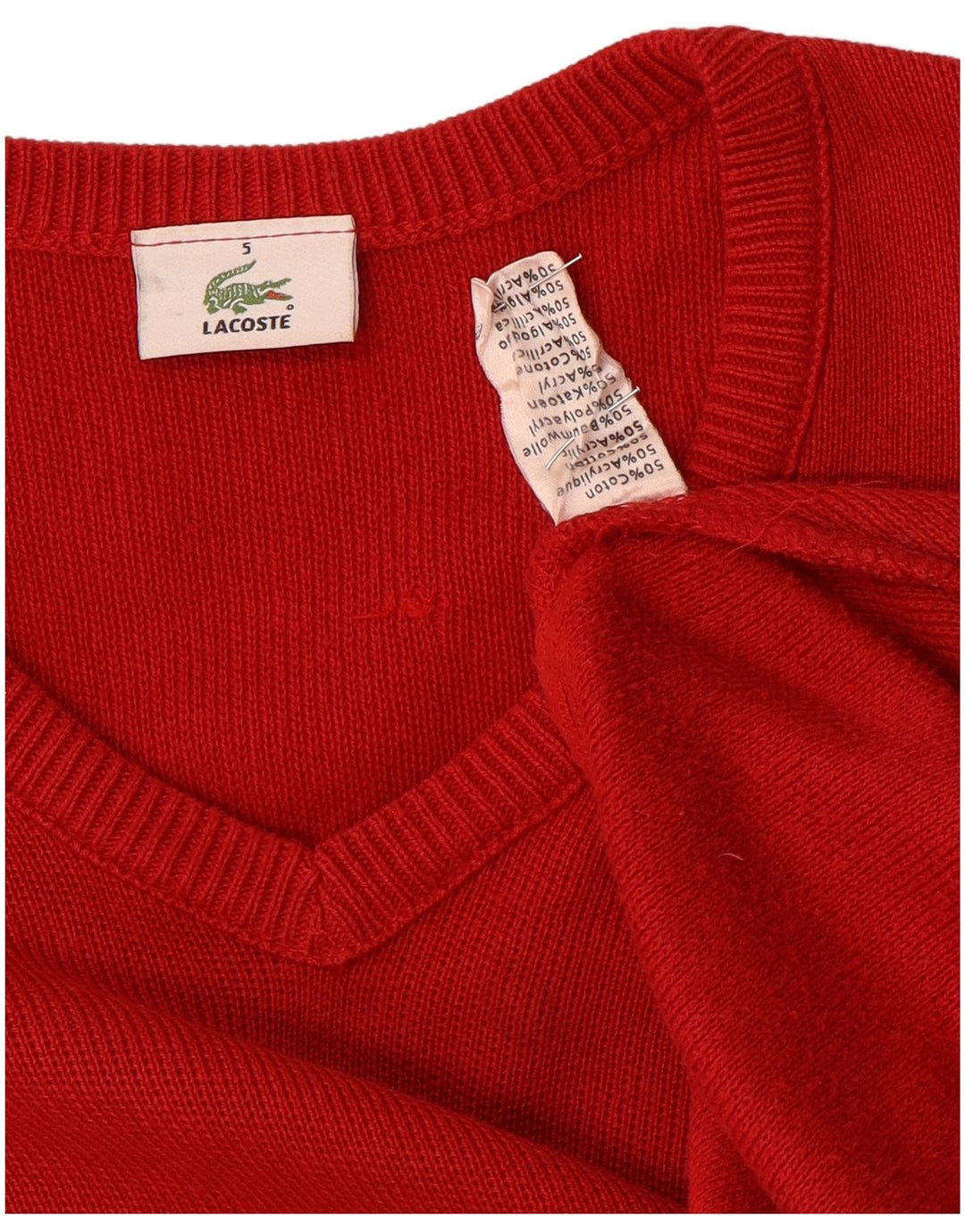 Suéter masculino Lacoste com decote em V tamanho 5 grande algodão vermelho