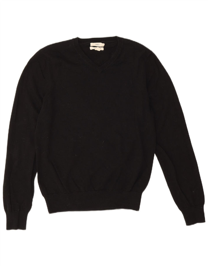 Suéter masculino Marks & Spencer com decote em V, algodão preto médio