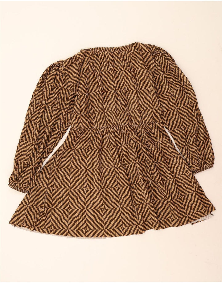 Vestido feminino Zara manga comprida evasê Reino Unido 14 poliéster listrado marrom médio