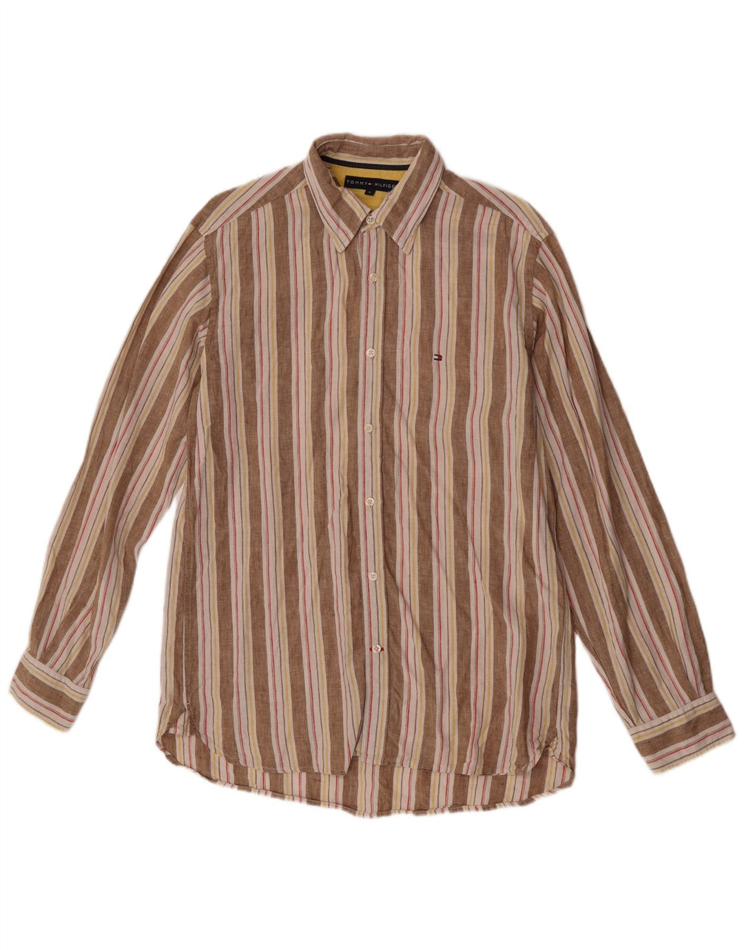 Camisa masculina Tommy Hilfiger de linho listrado bege médio