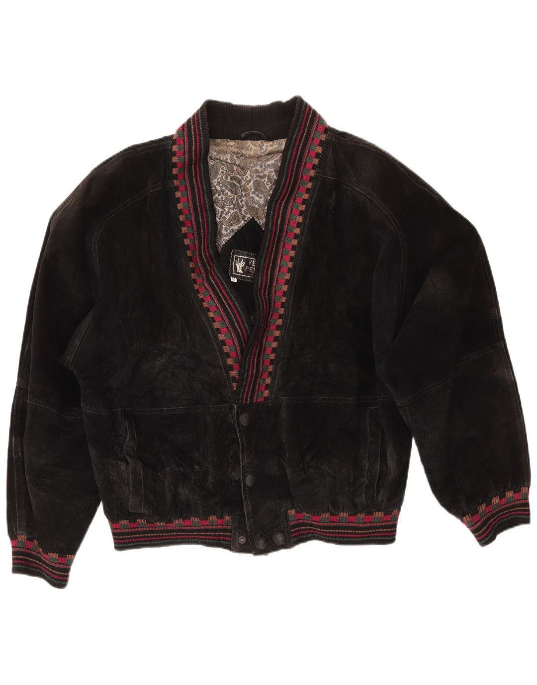 Jaqueta feminina VINTAGE de camurça grande Reino Unido 18 XL couro geométrico preto