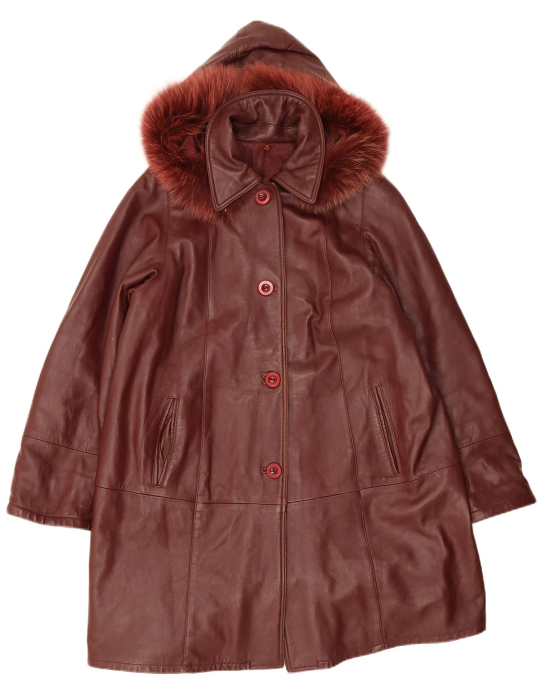 Casaco de couro com capuz feminino vintage UK 14 vermelho médio